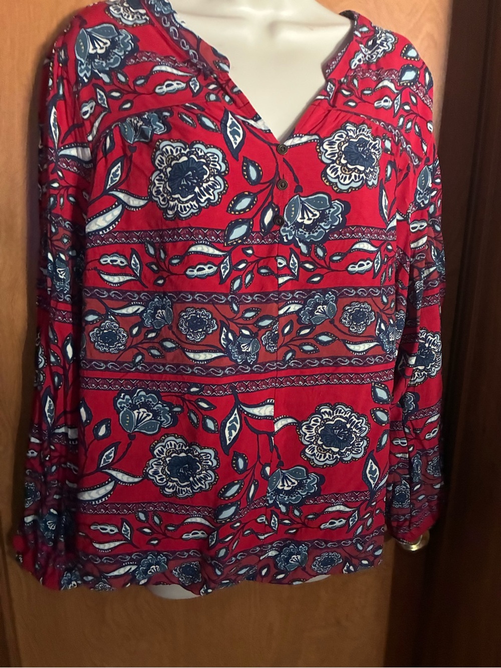 Floral Print V-Neck Long Sleeve Top - Red